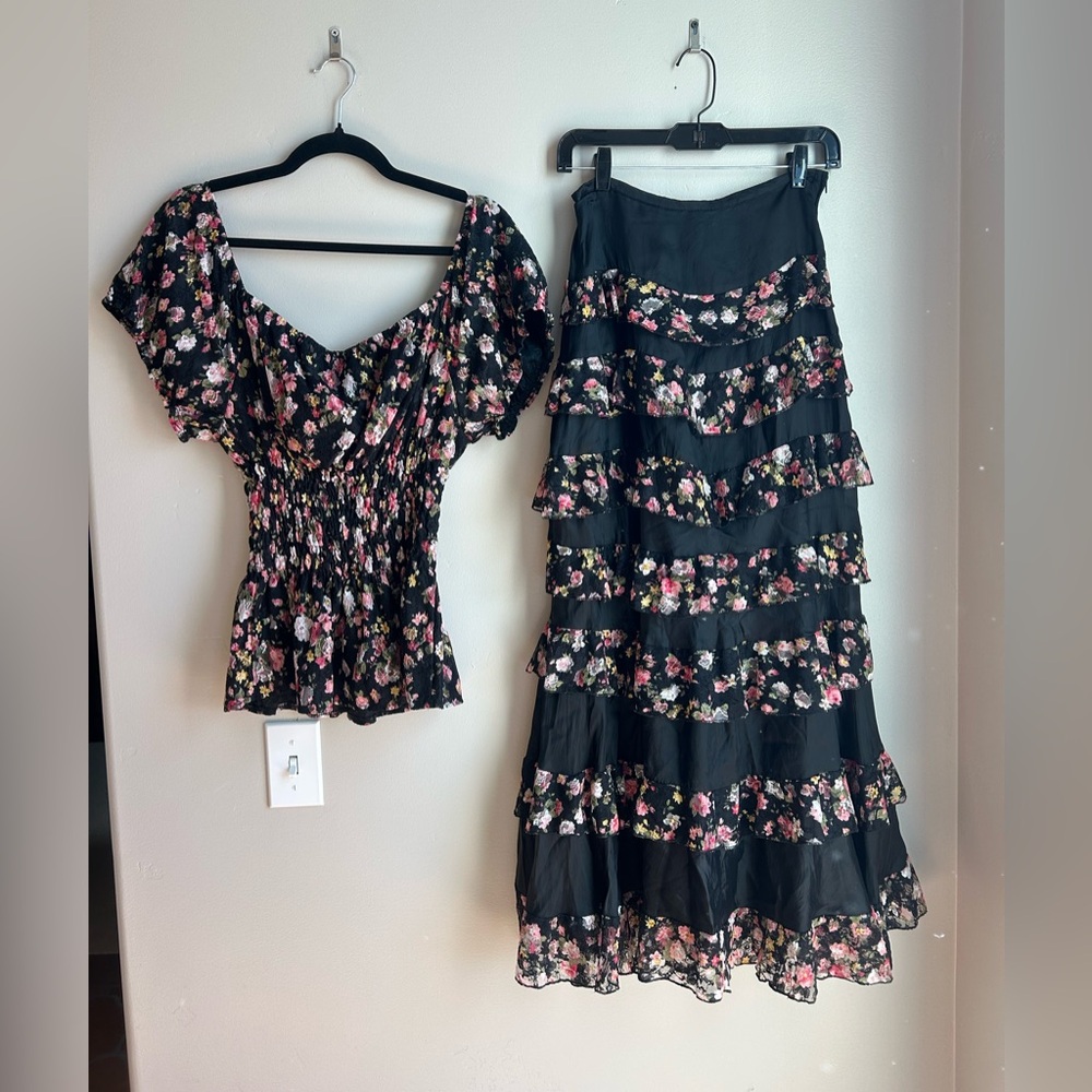 Vintage Marrika Nakk Floral Skirt Set Coquette Ruffle Cottagecore S Euro Summer